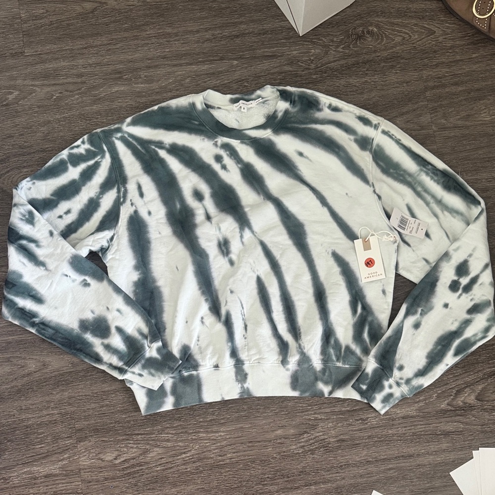 NWT GOOD AMERICAN BOYFRIEND Blue and White Tie-Dye Crewneck Sweatshirt size 2 - Picture 7 of 11